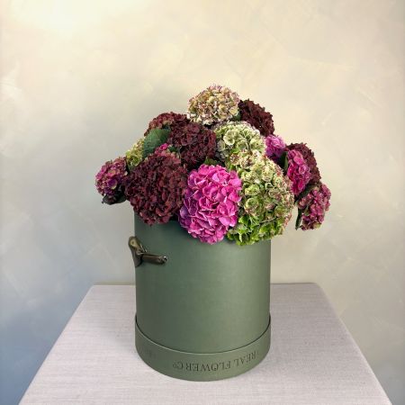 English Hydrangea Hat Box Arrangement