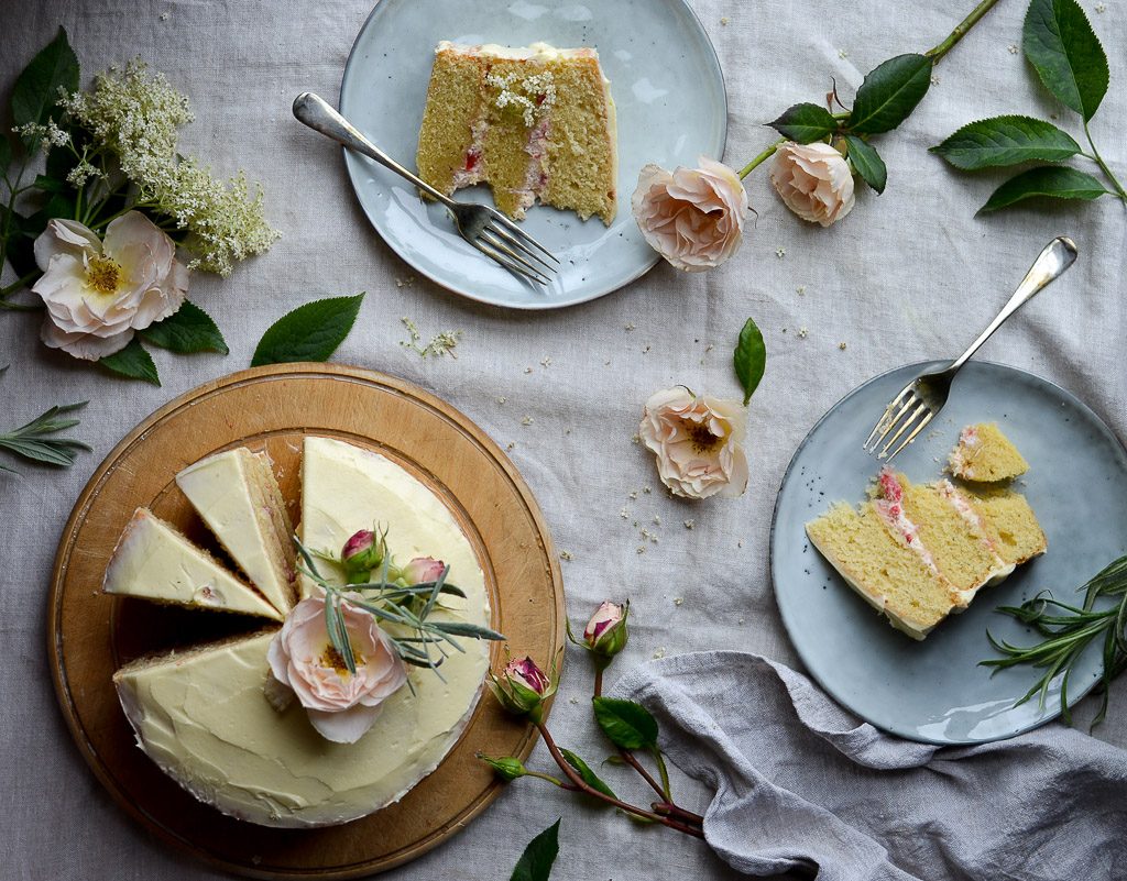 Elderflower and Strawberry Cake Birdseye Shot